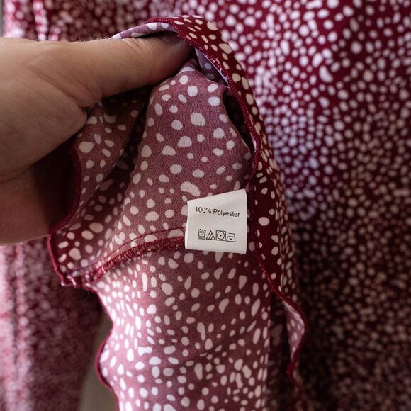 Peplum Blouse Women's Sz L Burgundy Spotted VNeck Long Sleeve Front Twist Knot - Picture 5 of 7